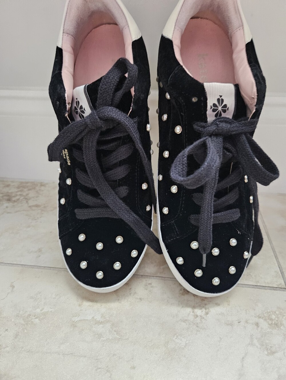 kate spade Black Suede Pearl-Embellished Sneakers with Pink Lining